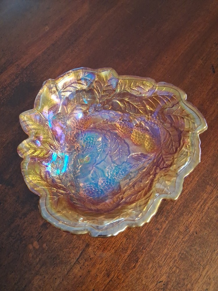Vintage Indiana Carnival Glass Loganberry Leaf Amber Marigold Candy Dish Bowl