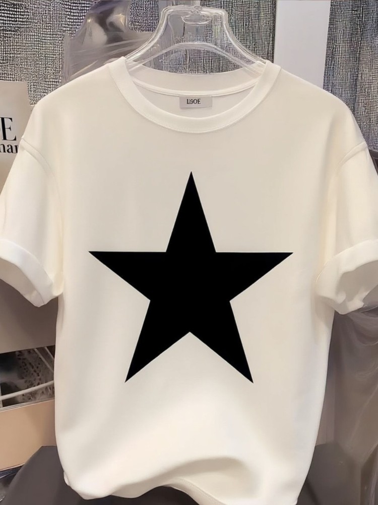 Women White Star Print Graphic T-Shirt Casual Summer Crew Neck Short Sleeve Tee