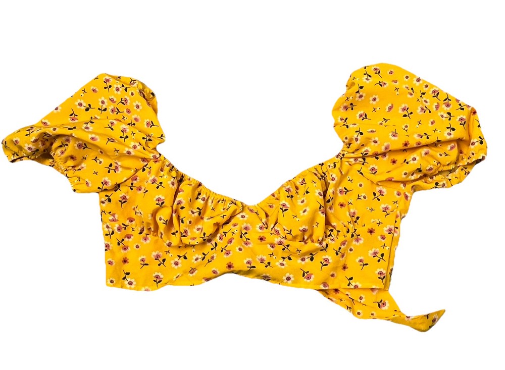Shein Yellow Boho Floral Crop Top with Puff Sleeves and Backless Tie Detail in Size Large