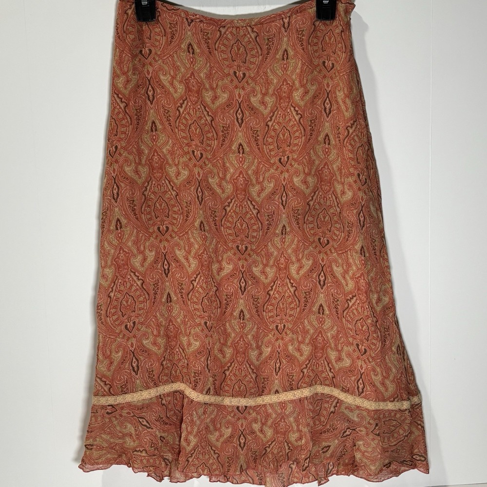 JOSEPHINE CHAUS Skirt Sz 8 Orange 100% Silk VTG Midi Floral Paisley Ruffle Hem