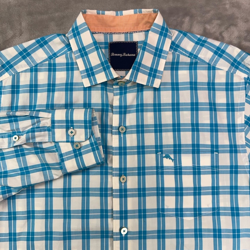 TOMMY BAHAMA Long Sleeve Button Up Shirt Mens Medium 100% Pima Cotton Teal Check