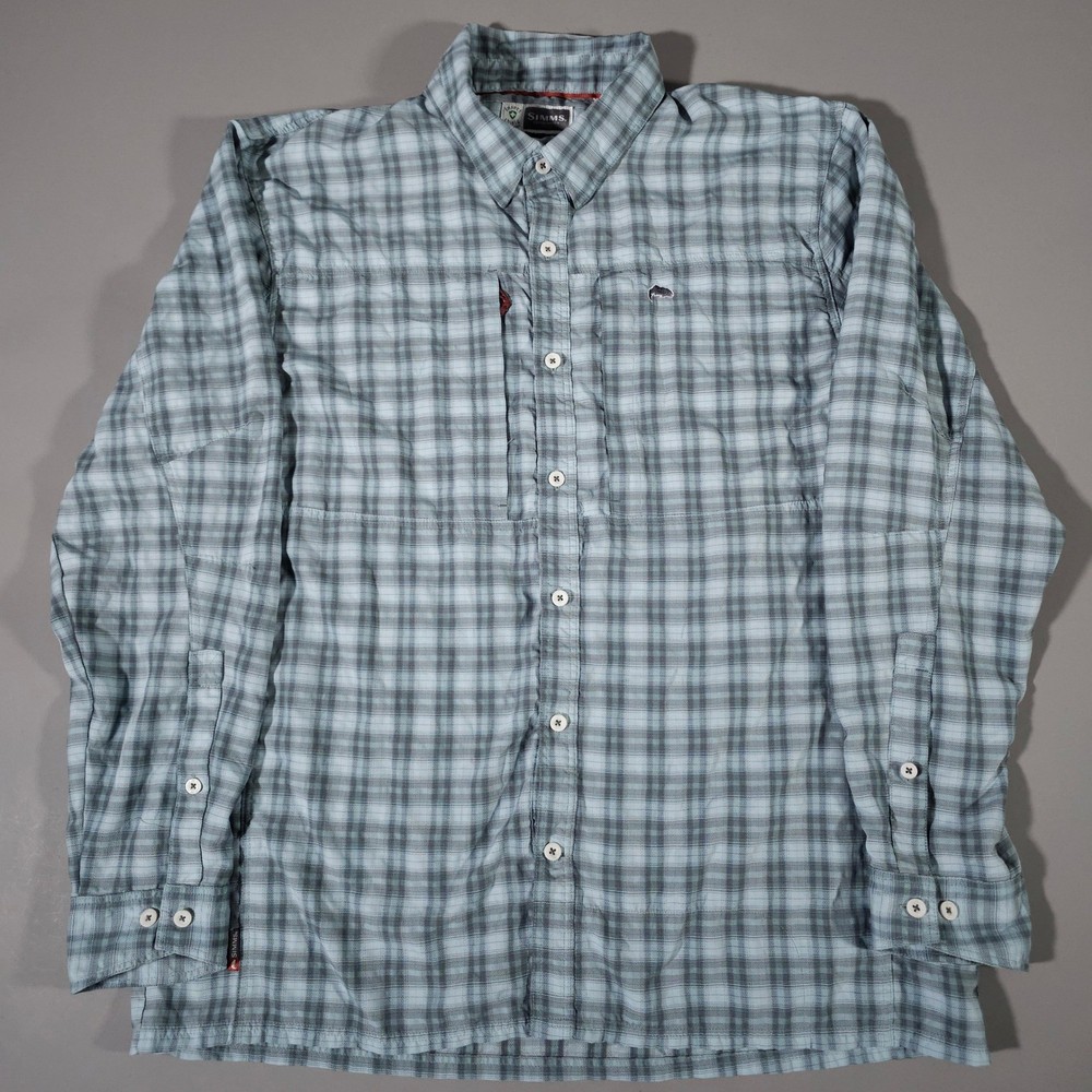 Simms Fishing Shirt Mens XL Blue Plaid Long Sleeve Insect Shield Ventilated