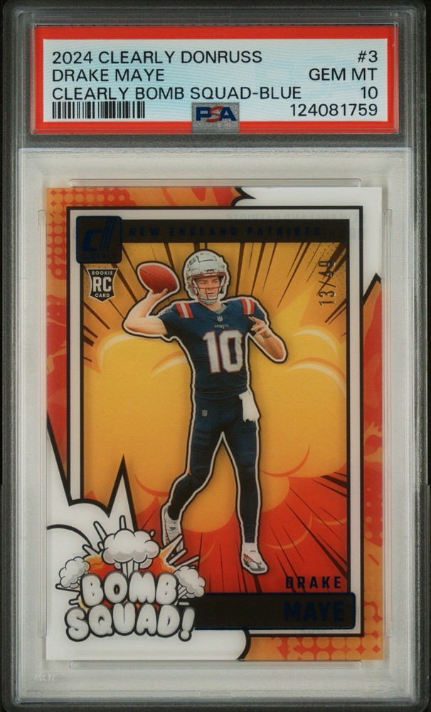 Drake Maye 2024 Panini Clearly Donruss Bomb Squad Blue #3 RC /49 PSA 10 Low Pop!