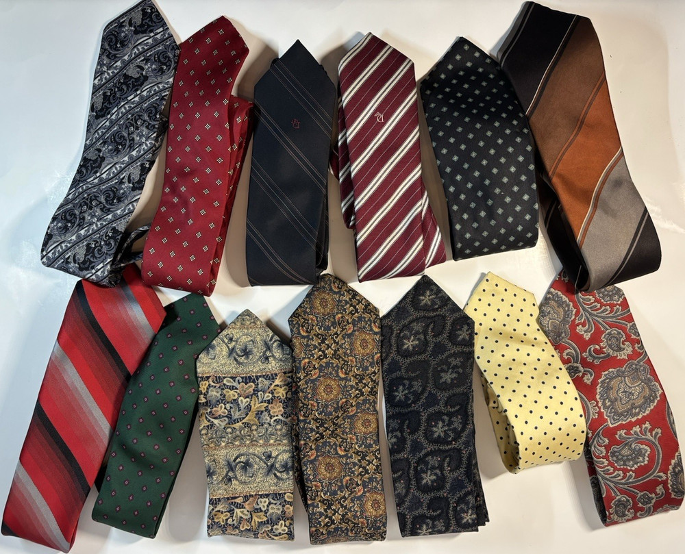13x Vintage 100% silk and silk blend tie lot.  Dior, Amies, Bill Blass, etc.  3”