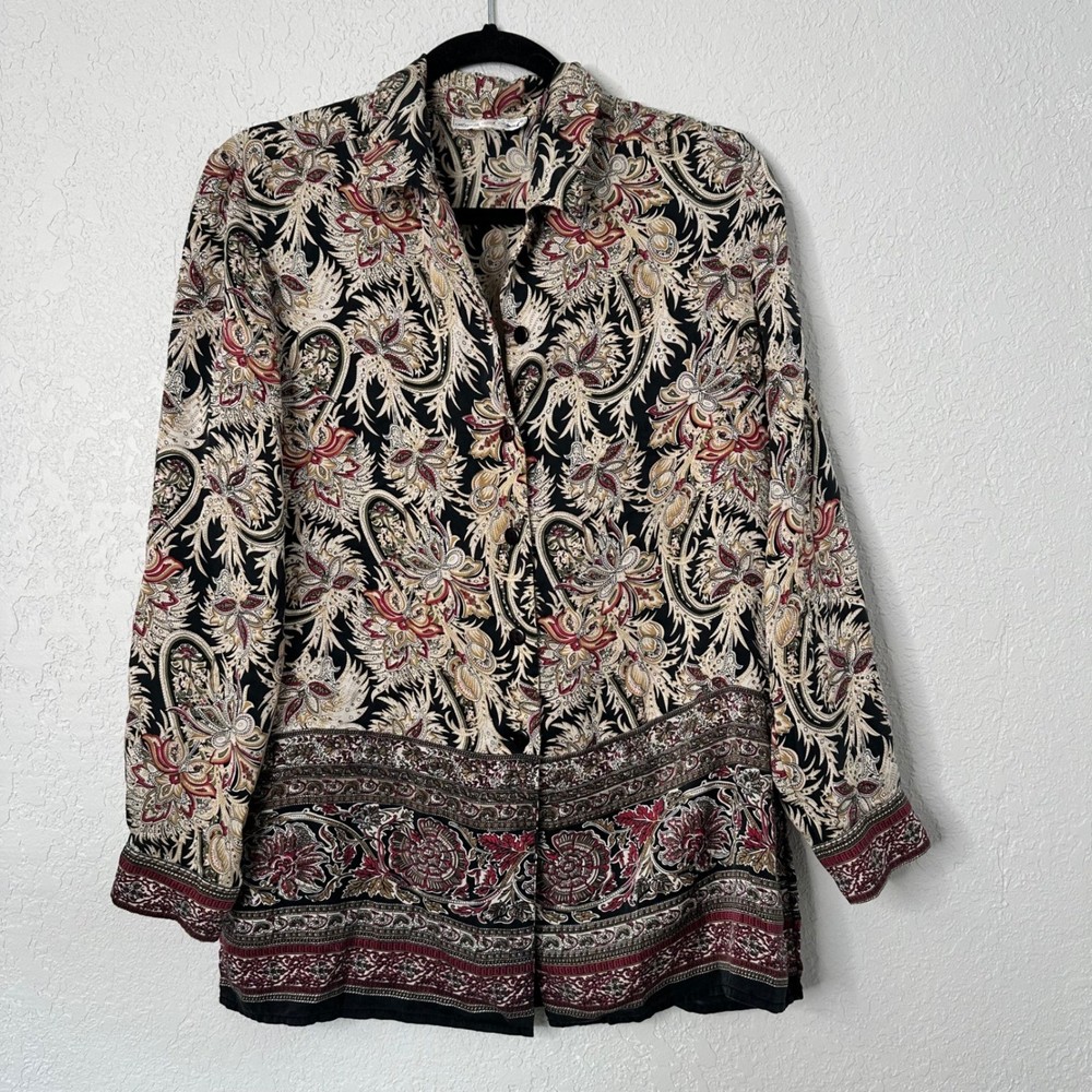 Vintage Silk Anna & Frank Paisley Button-Down Blouse 80s-90s Baroque Print Top