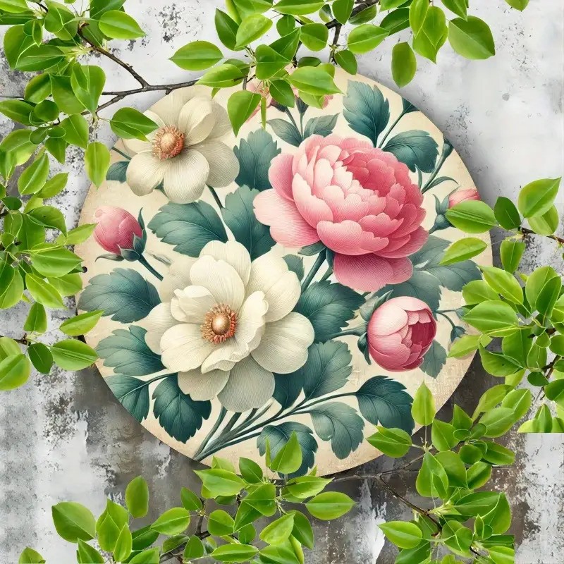 Retro Floral Round Aluminum Wall Art Pink White Flowers