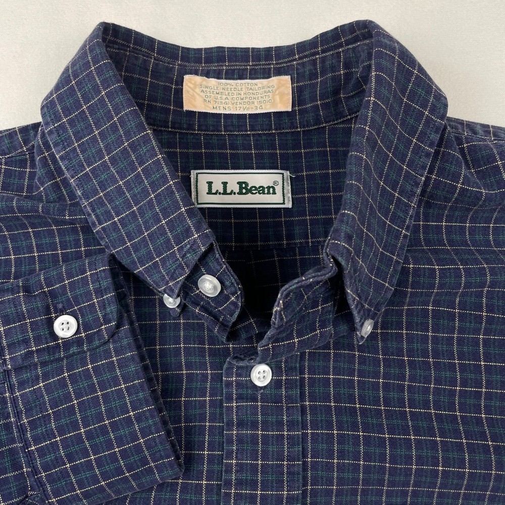 LL Bean Mens 17.5-34 Navy Blue Green Plaid Button Down Cotton Shirt