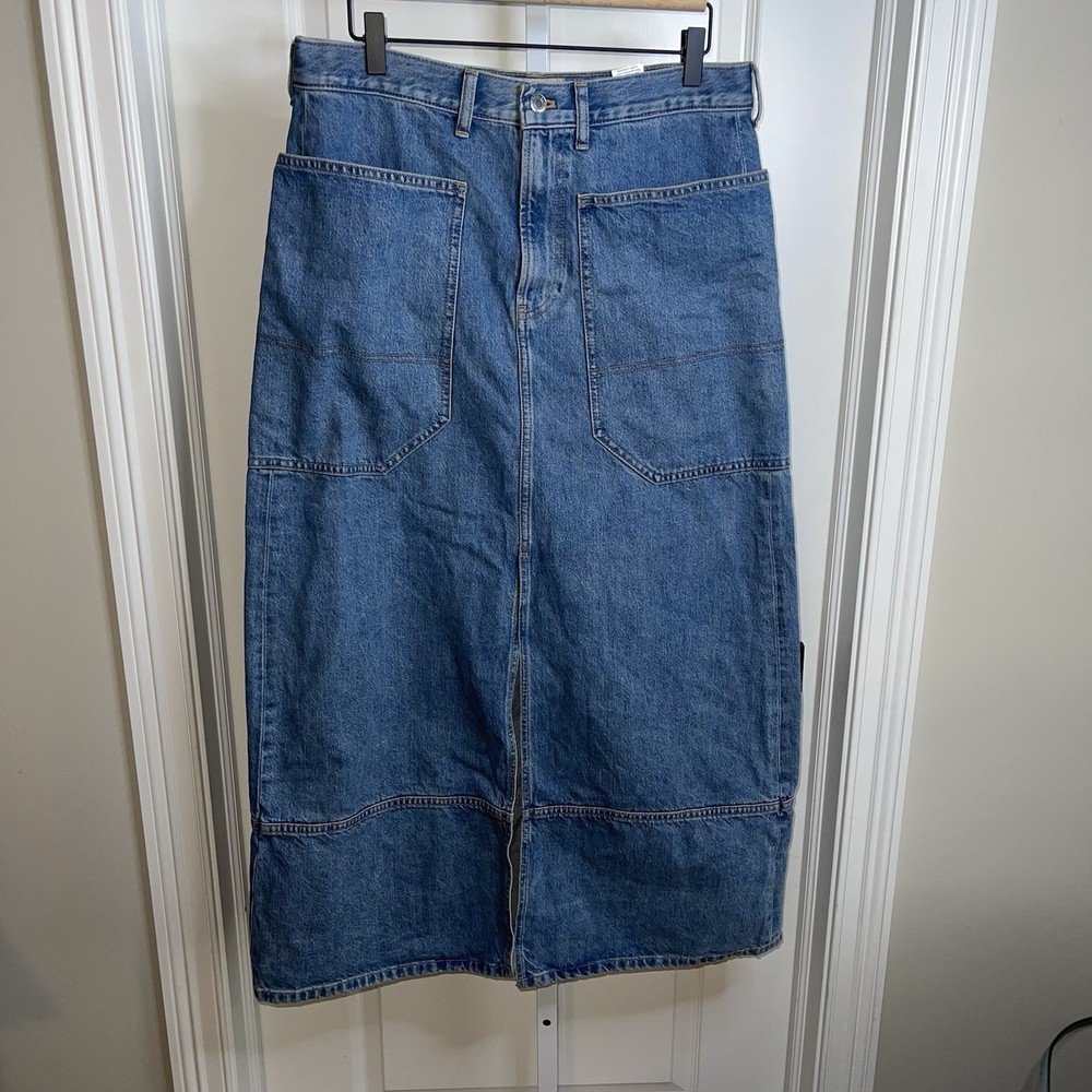 Everlane Gardener Denim Skirt Midi Blue High Rise Front Slit Size 31