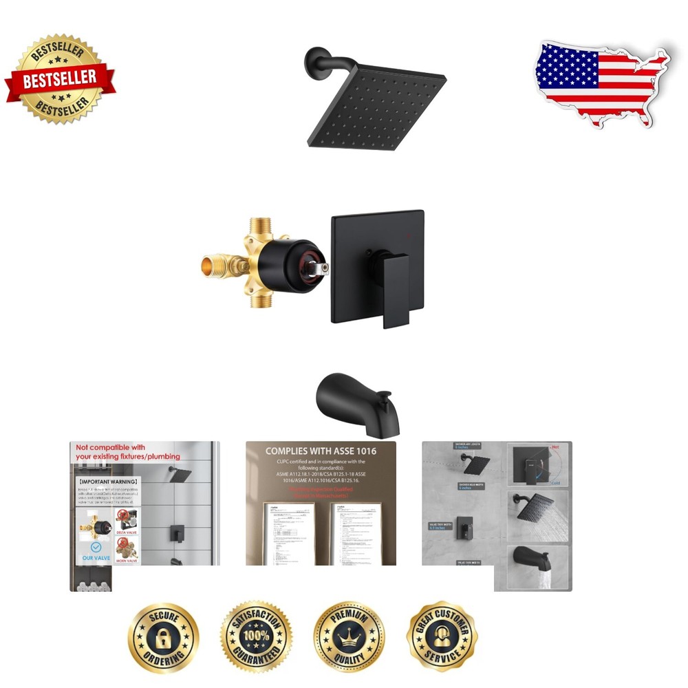 Matte Black 6-Inch Rain Shower Head and Tub Spout Faucet Set for Luxurious Baths