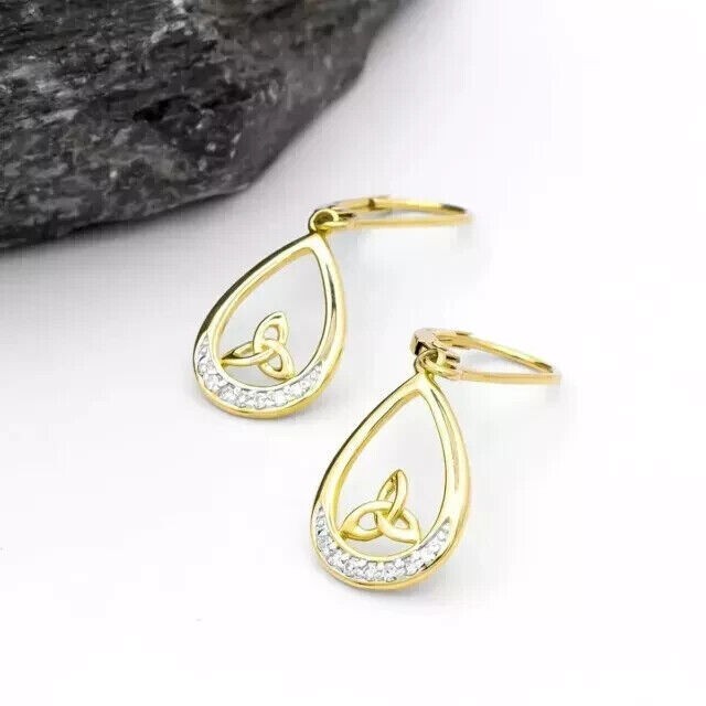 925 Silver Round Cut Simulated Diamond Fancy Drop Earring in 14K Yellow Gold Plate