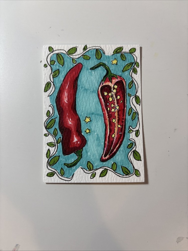 ACEO Original Drawing Of Chili Peppers On Paper By Janie 2.5x3.5
