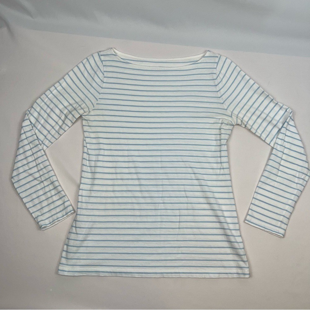 Ann Mashburn Womens Striped Long Sleeve Boat Neck Top Blue White Size Small