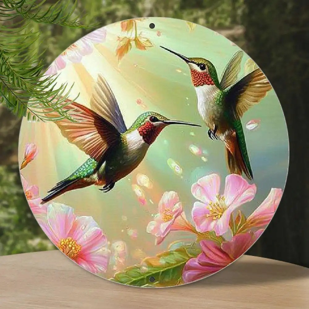 Hummingbird Floral Aluminum Wall Art Sign 8 Round PreDrilled Hanging