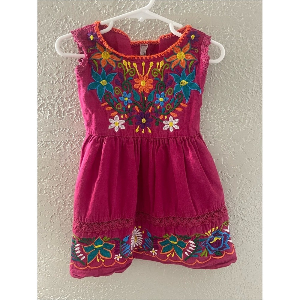 Festive Traditional Mexican Girls Pink Embroidered Floral Dress Size 18-24 month