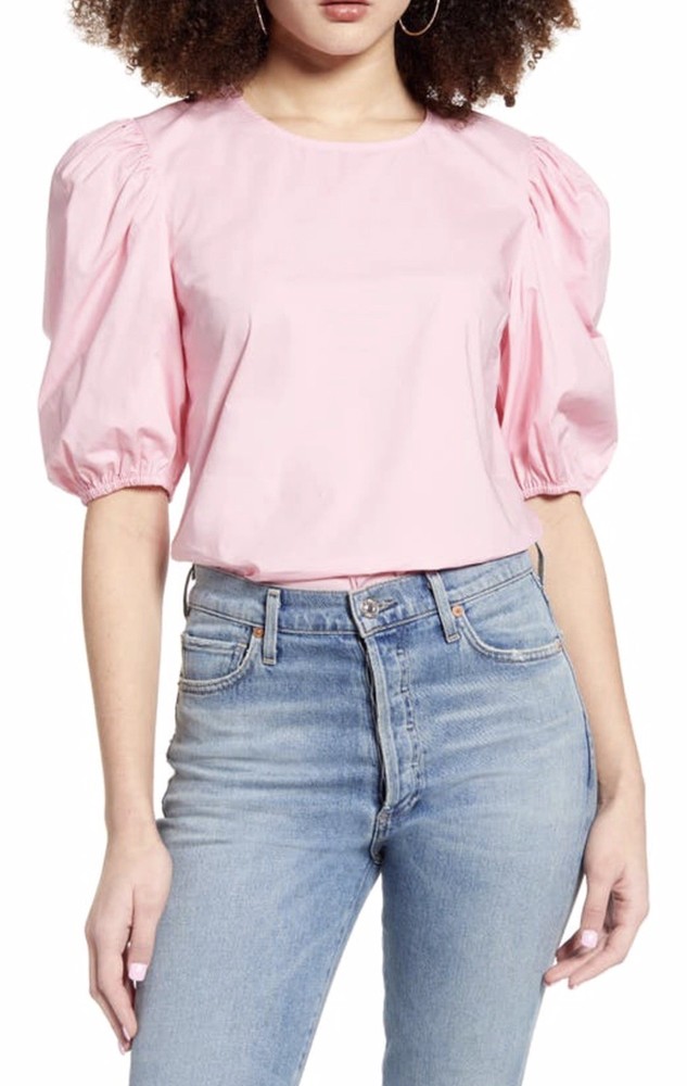 English Factory Pink Puff Sleeve Button Crew Neck Lightweight Blouse Women's S