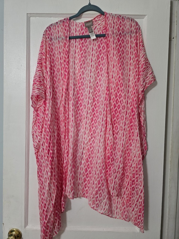 Chicos Kimono Duster Swim Cover Up L/XL Pink Open Front Knit Lightweight