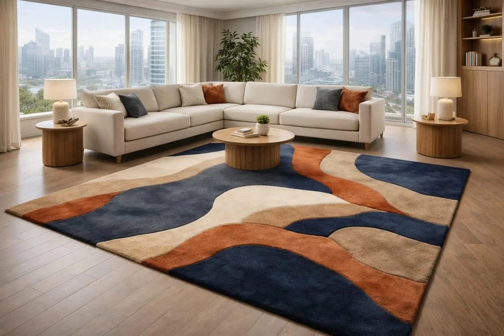 Rug Hand Tufted Midnight Wave Sculpted Wool Area Rug – Modern Abstract Area Rug