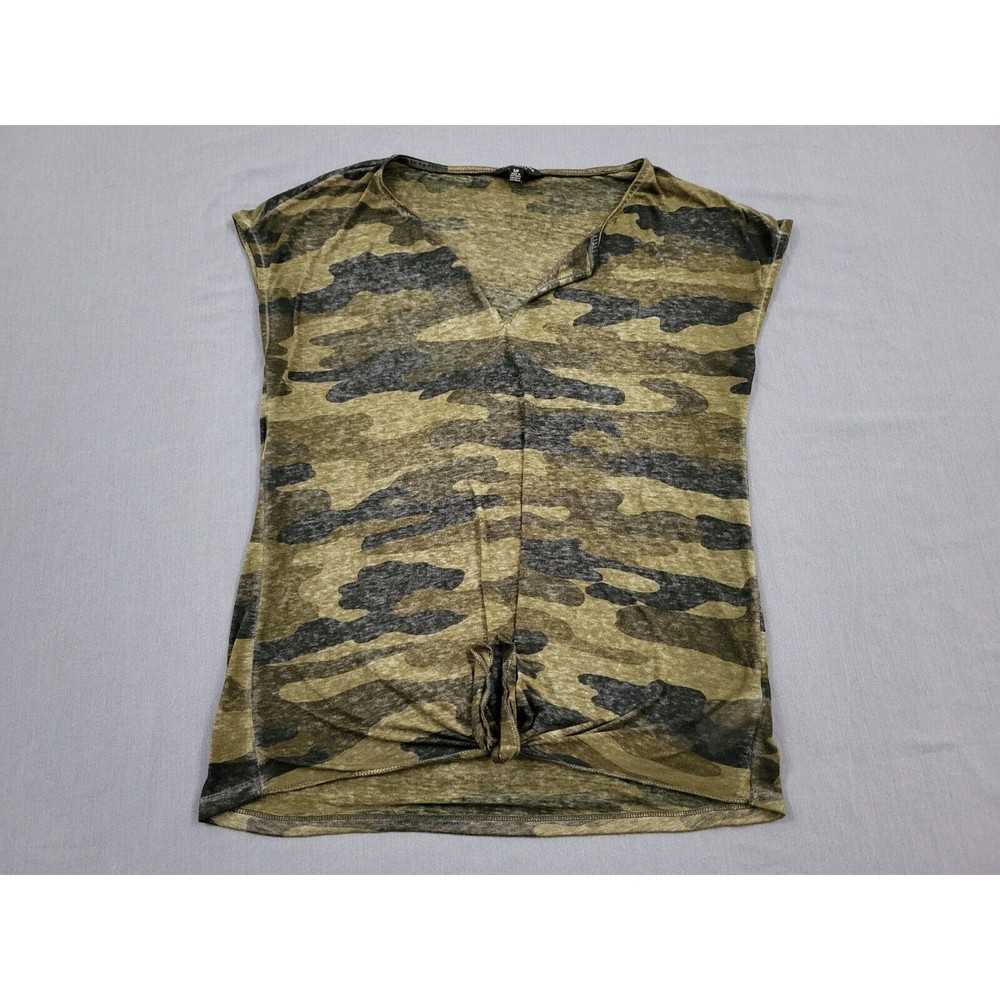 Lucky Brand Shirt Womens Small Short Dolman Sleeve VNeck Front Knot Camouflaged