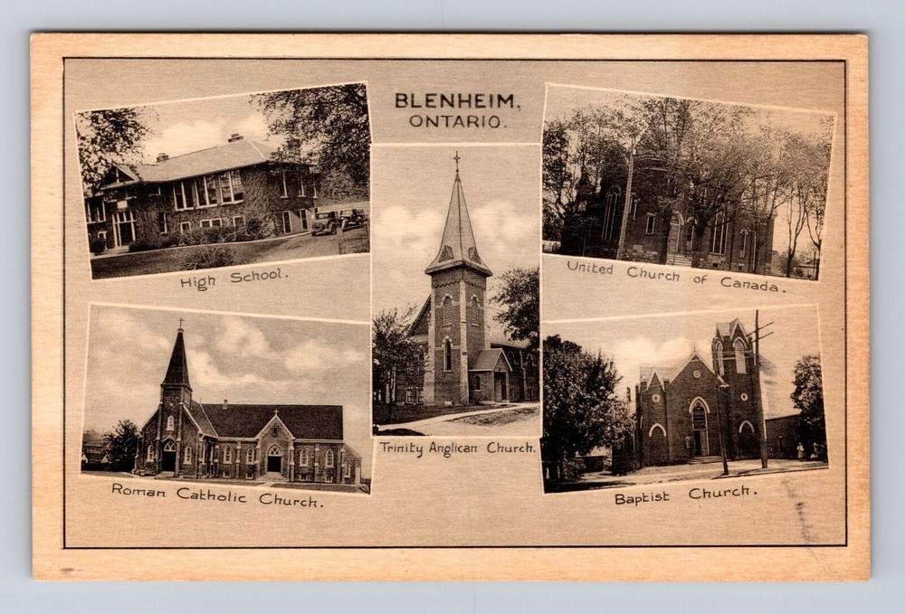 Blenheim Ontario- Canada, Churches And High School, Antique, Vintage Postcard