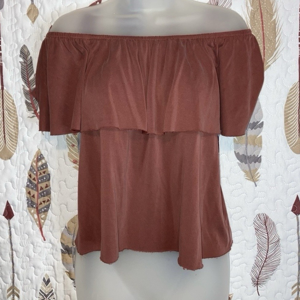 LIRX Womens Brown Solid Knit Off Shoulder Ruffle Cropped Blouse Stretch S