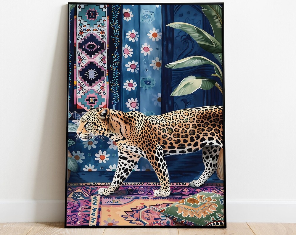 Leopard In Forest Painting Boho Maximalist Art Blue Home Decor Big Cat Wall Art