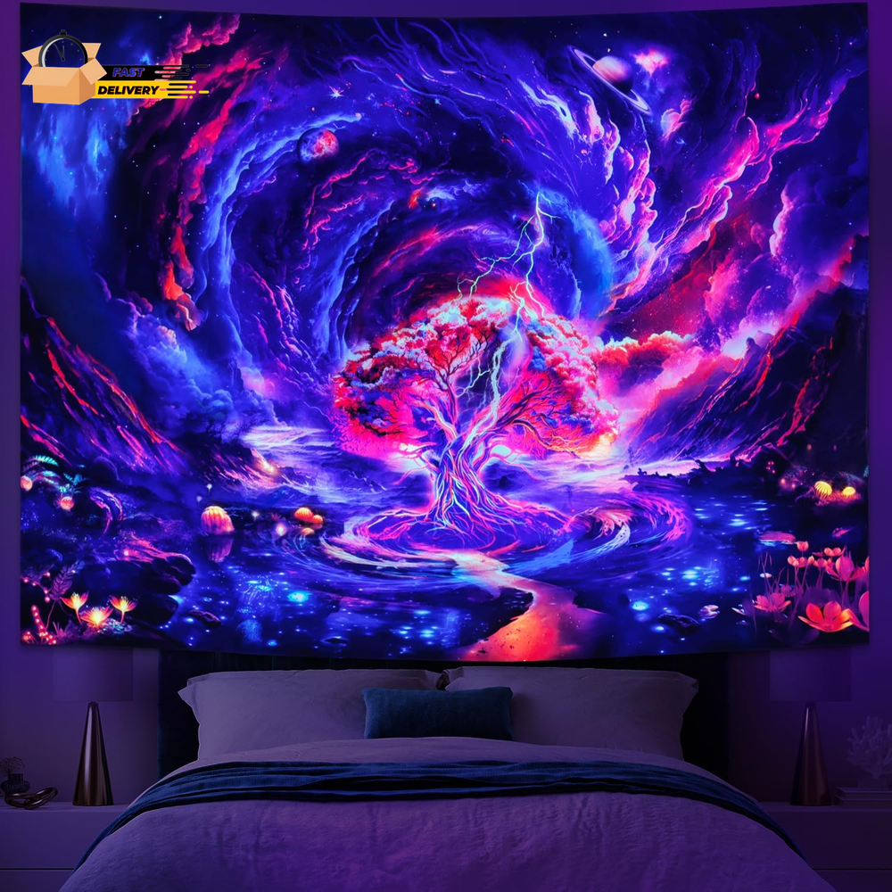Blacklight Galaxy Planet Tapestry Tree of Life Tapestry UV Reactive Spiral Nebul