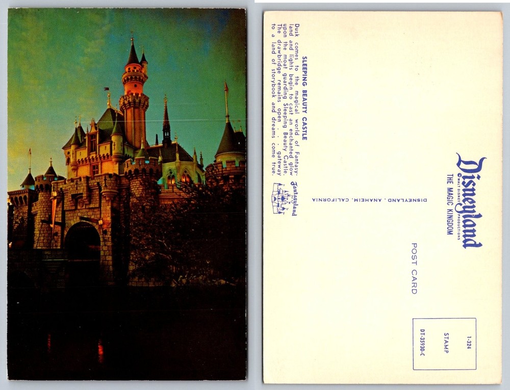 Vintage Disneyland Sleeping Beauty Castle Postcard Anaheim CA Dusk Walt Disney