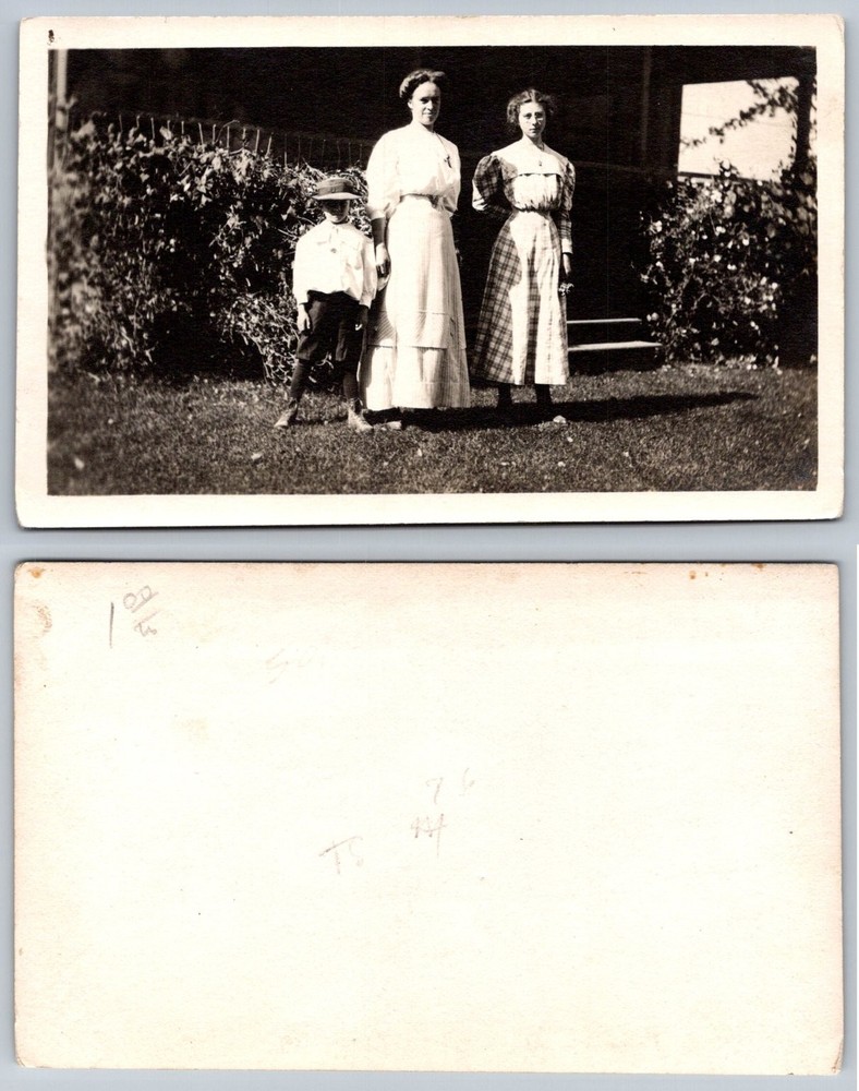 RPPC Edwardian Era Family Portrait Boy & 2 Women Vintage Photo Postcard 1900s