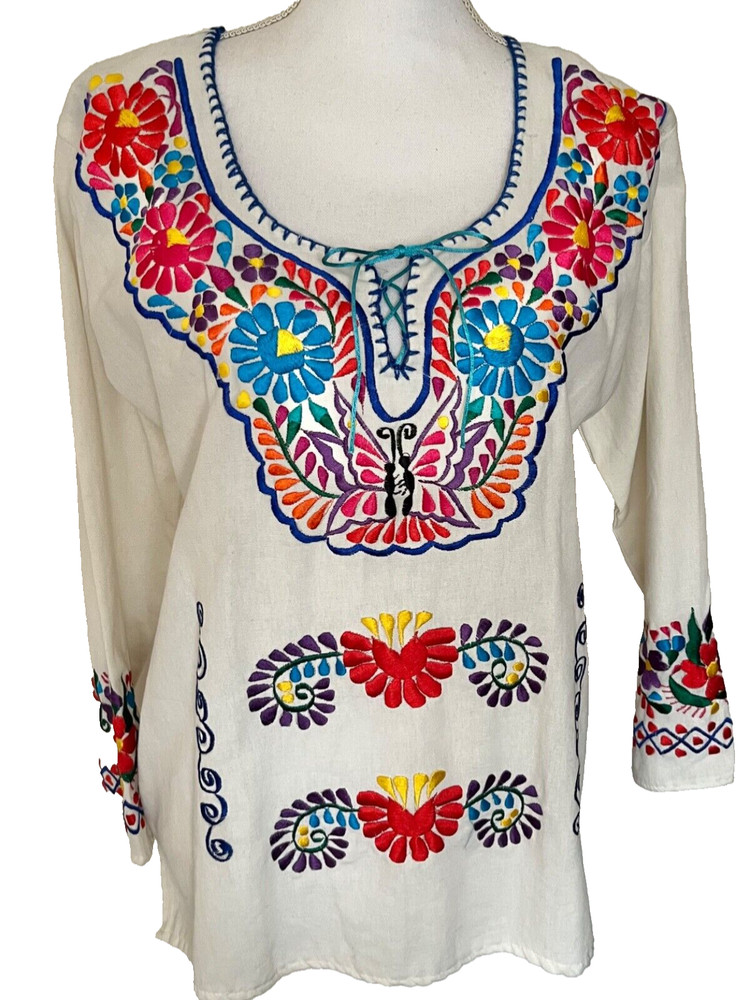 Mexican Huipil Embroidered Top M Cotton Vibrant Flowers Butterflies Long Sleeves