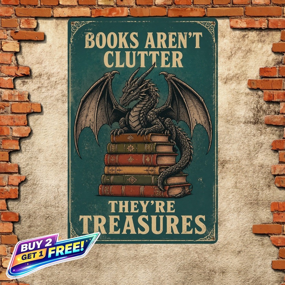 Stacked Books Dragon Fantasy Book Lover Quote Art Metal Tin Sign 8x12