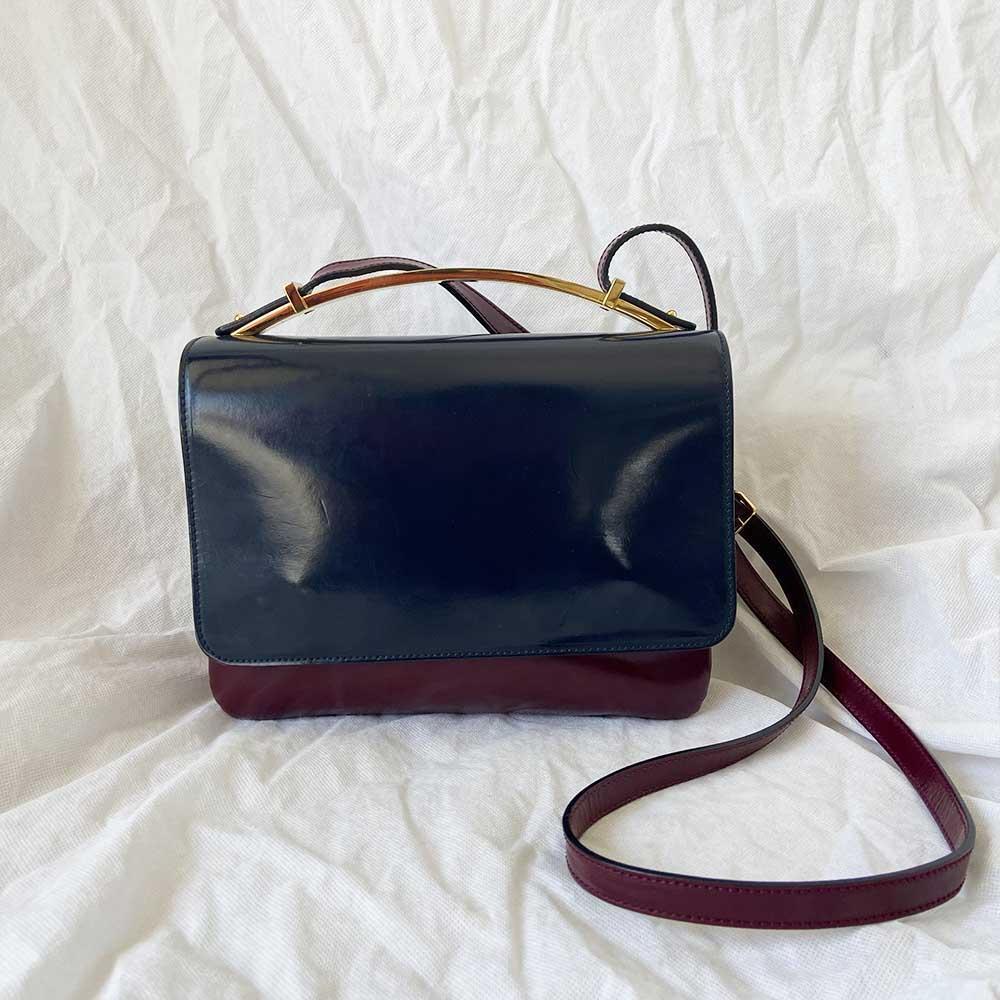 Marni bicolor navy & burgundy leather bag with gold handle