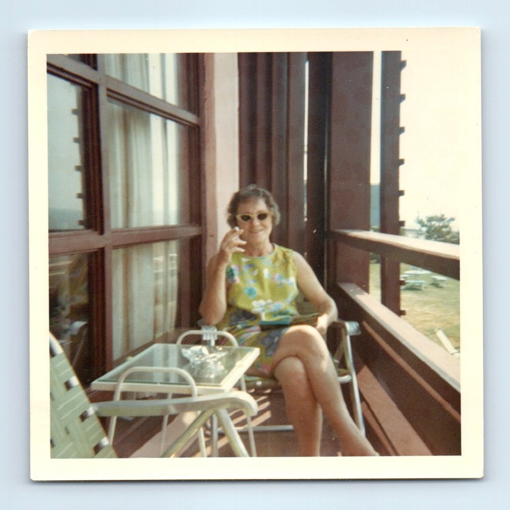 Old Vintage Square Color Photo SOLO LEGGY WOMAN SUNGLASSES SMOKING BALCONY
