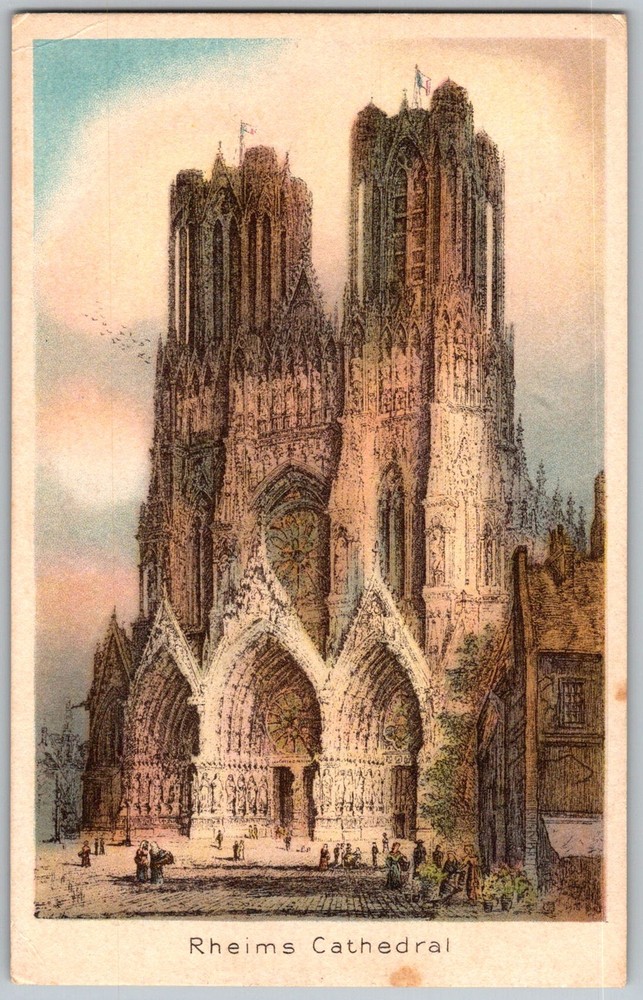 Antique Postcard Cathedral Front Facade Reims, Fr 1910s