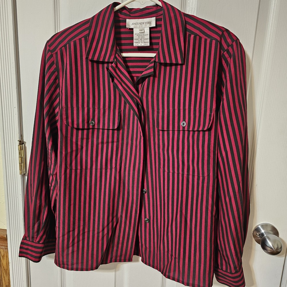 Jones New York Blouse Women's Black & Red Striped Long Sleeve Button Down Sz 12
