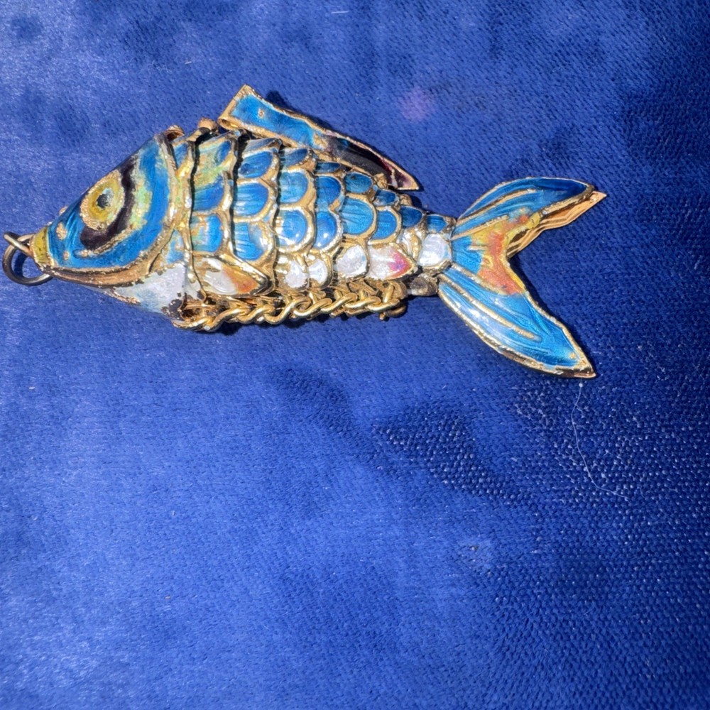 Vintage Cloisonne Blue Enamel & Gold Toned Articulated Koi Fish Pendant