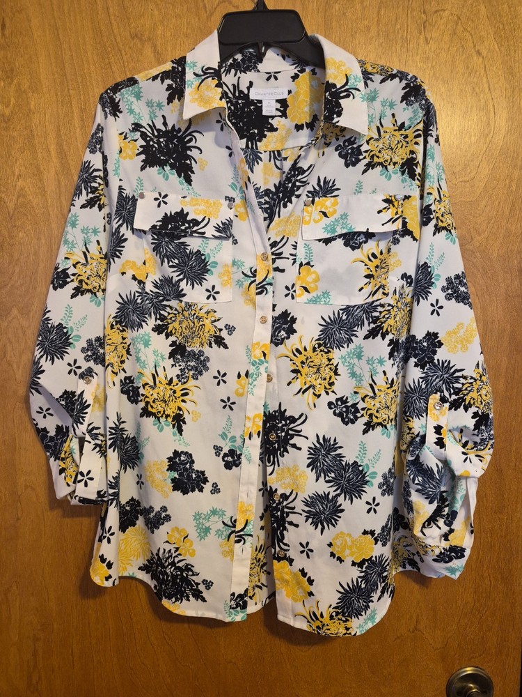 Charter Club Floral Button-Up Blouse Roll Tab Sleeve Collared Medium Multicolor