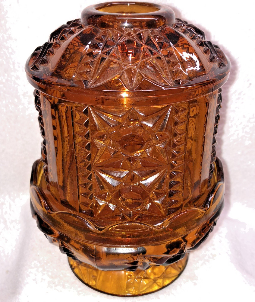 Vintage Fairy Lamp Indiana Glass Stars and Bars Amber Candle Holder