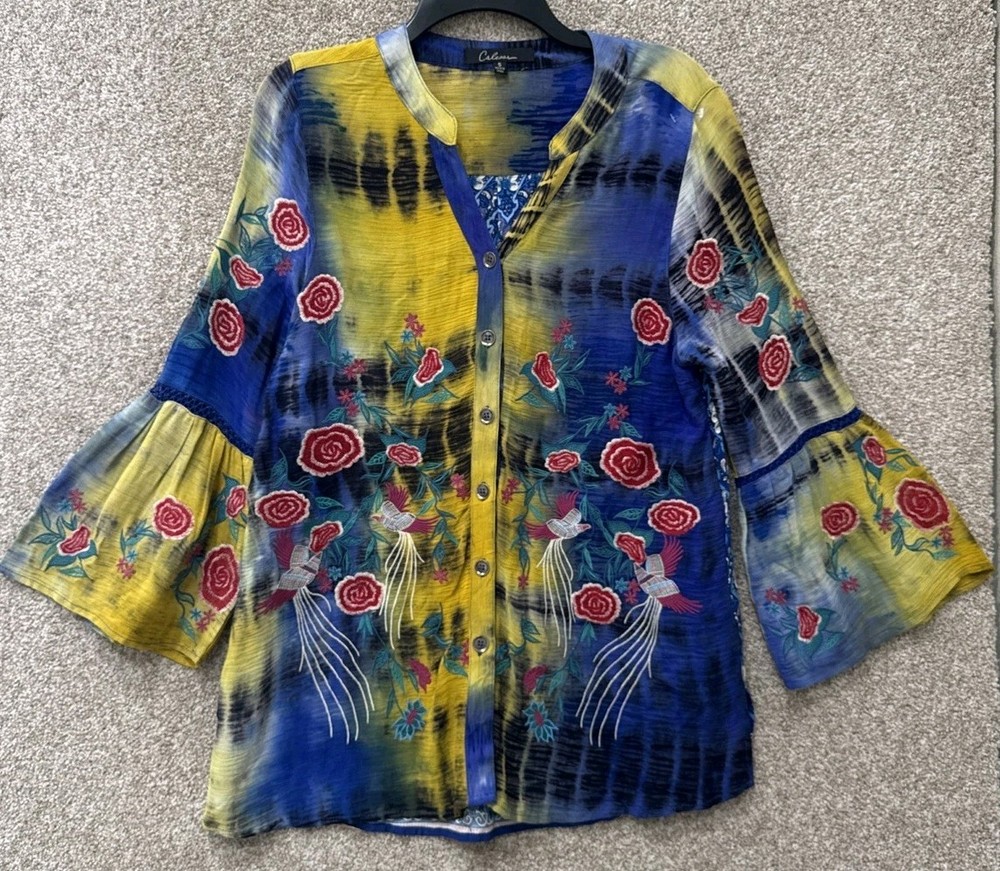 Calessa Top Womens Size Small Tie Dye Wove Embroidered Floral 3/4 Sleeve Button