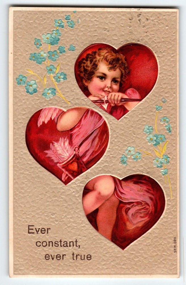 Valentines Day Postcard Cherub Looks Through 3 Hearts Ever Constant Ever True