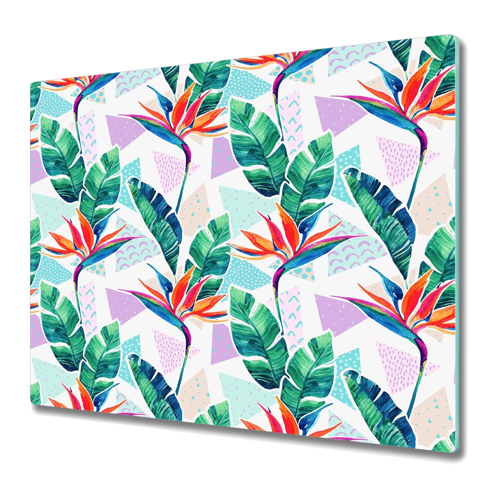 Glass Kitchen Chopping Board Abstract Jungle Geometric Watercolour Leaves 60x52