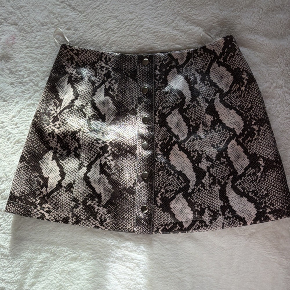 Urban Outfitters Snake Print Faux Leather Button Mini Skirt Brown Black L