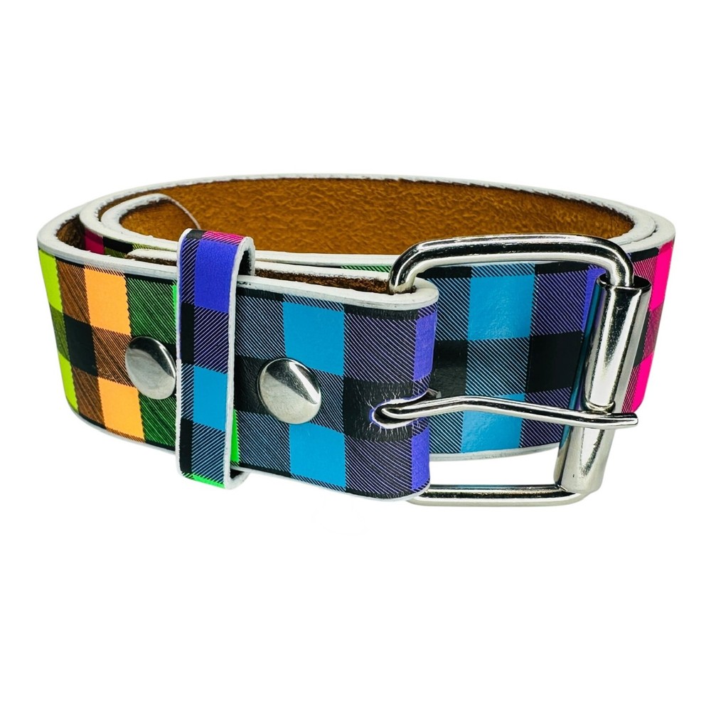 Colorful Checkered Genuine Leather Belt Retro Plaid Design Metal Buckle Unisex