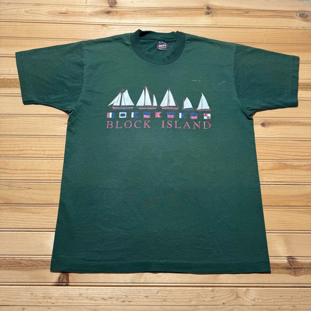 Vintage 90s Block Island Sailboat Maritime Nautical Graphic T-Shirt USA - Large