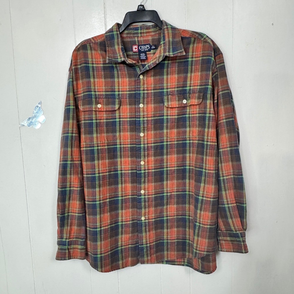Chaps Mens XL Flannel Shirt Plaid Long Sleeve Button Up Casual Orange Blue