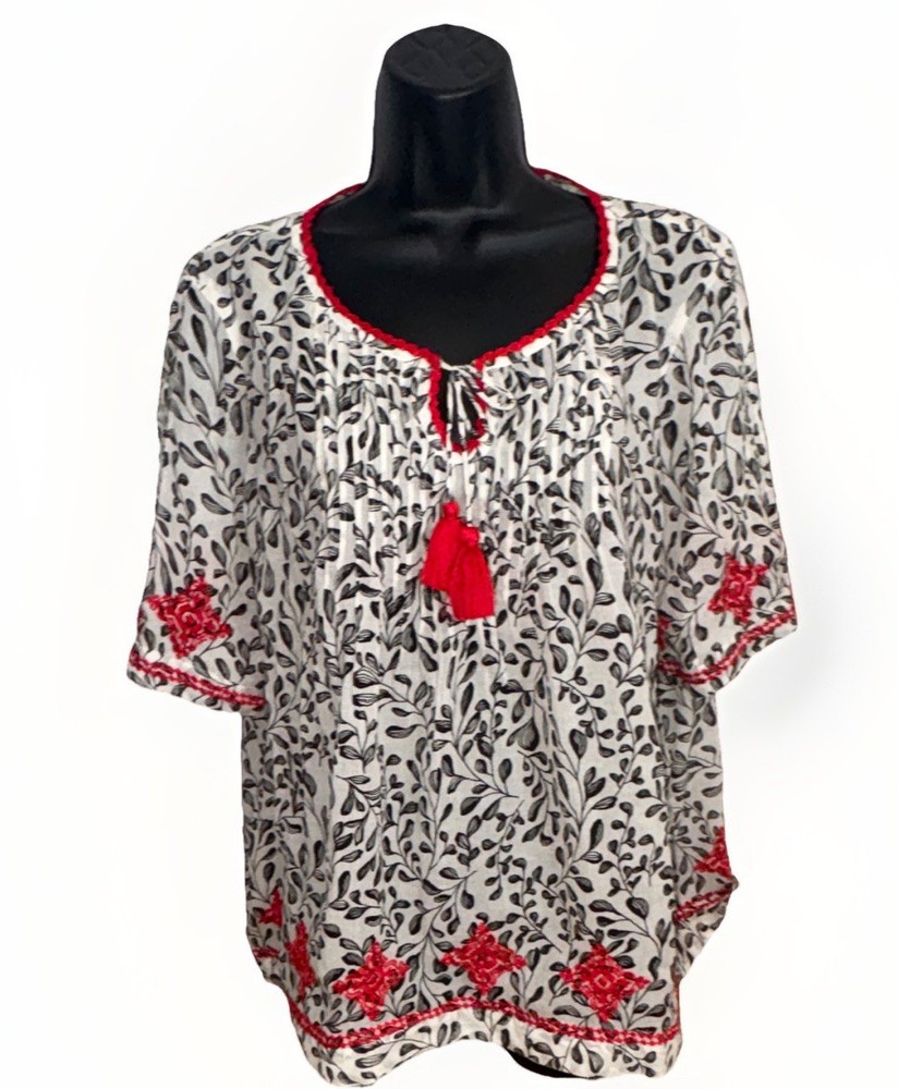 J Jill Top Size L White Red Tassel Keyhole Embroidered Floral Boho Peasant