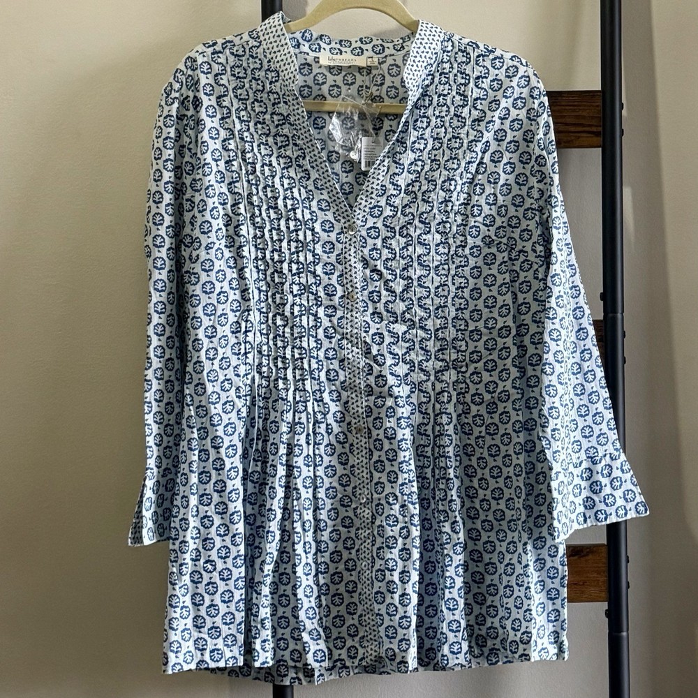 Rock Flower Paper bluThreads Lia Navy Cotton Boho Pintuck Tunic Top Large NWT