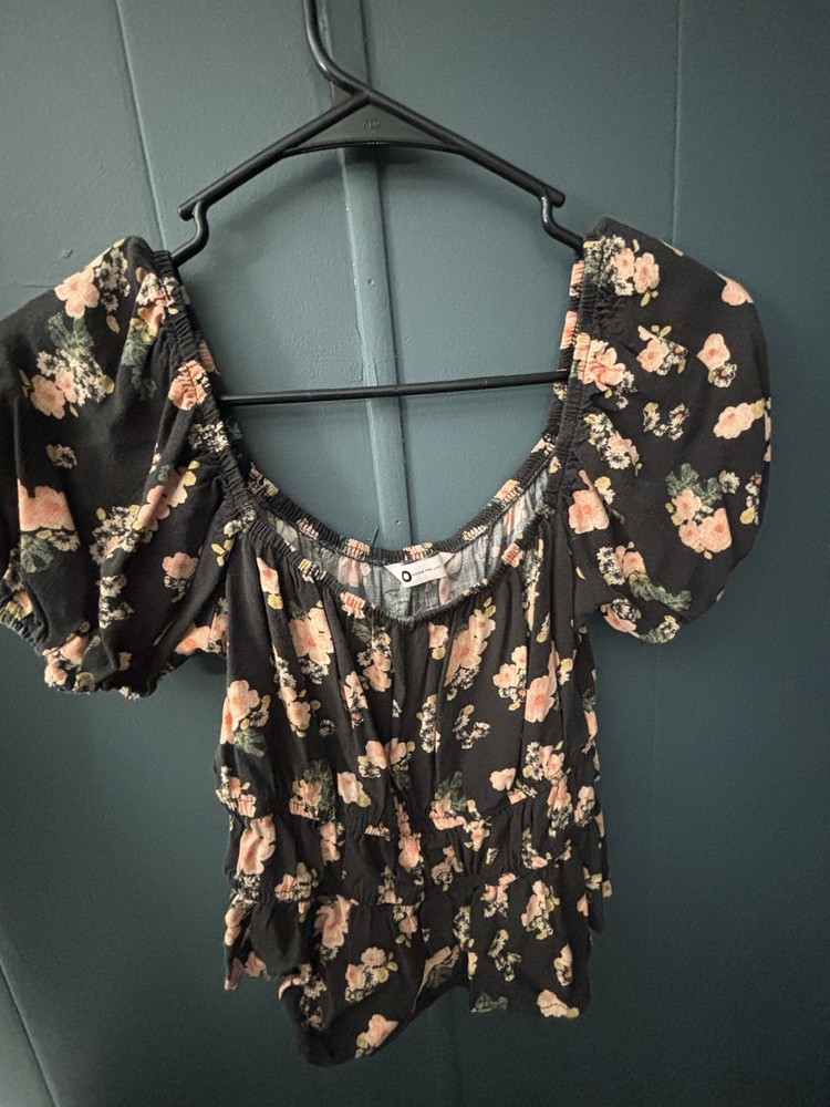SO Black Pink Floral Ruffle Puff Sleeve Square Neck Women's Blouse XS