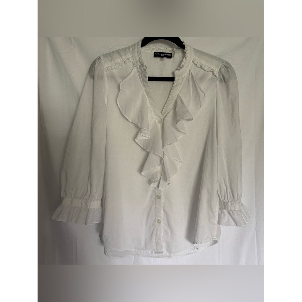 Karl Lagerfeld Paris White Ruffle Front Button Down Blouse - Size S