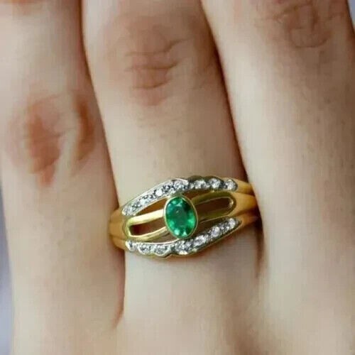 Elegant 14K Yellow Gold Plated Oval Simulated Emerald Wedding Band