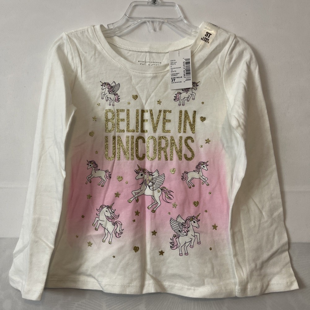 The Children’s Place Girls 3t White Cotton Unicorn Long-Sleeved Shirt NWT! A1497